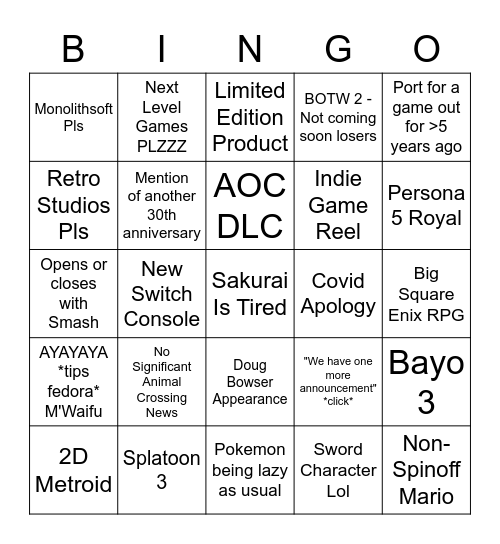 Nintendo Direct E3 2021 Bingo Card