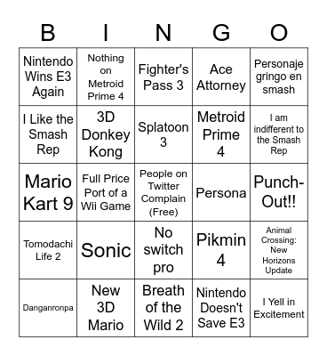 Nintendo E3 Bingo Card