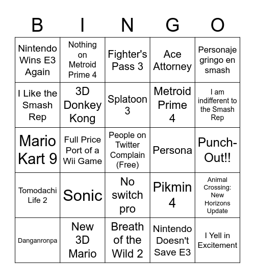 Nintendo E3 Bingo Card