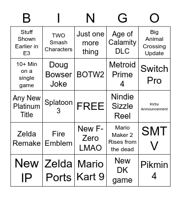 Nintendo e3 Direct Bingo Card