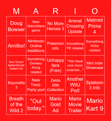 Nintendo E3 2021 Bingo Card