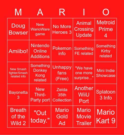 Nintendo E3 2021 Bingo Card