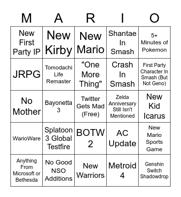 Nintendo E3 2021 Bingo Card