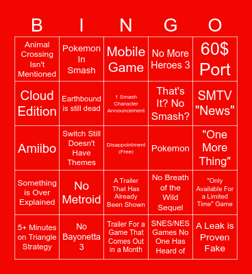 E3 Nintendo Direct 2021 (Low Expectations Edition) Bingo Card