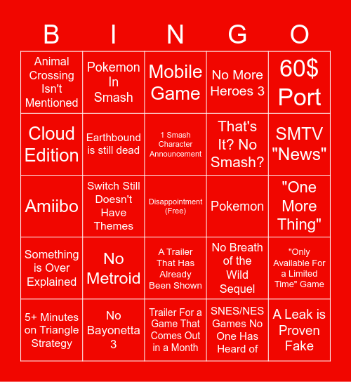 E3 Nintendo Direct 2021 (Low Expectations Edition) Bingo Card