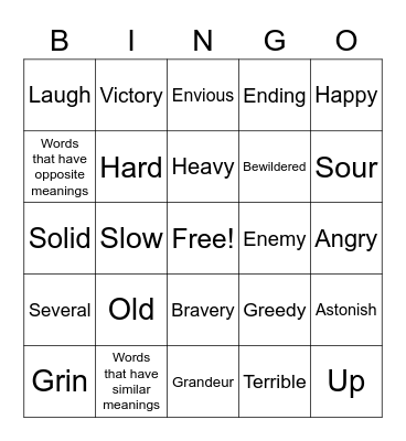 Synonyms & Antonyms Bingo Card