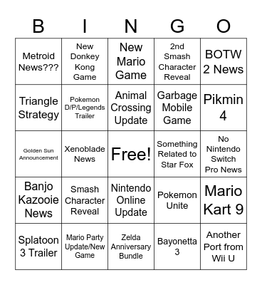 Nintendo E3 Bingo Card