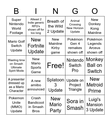 Nintendo E3 Direct Bingo Card