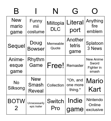 Nintendo E3 Direct Bingo Card