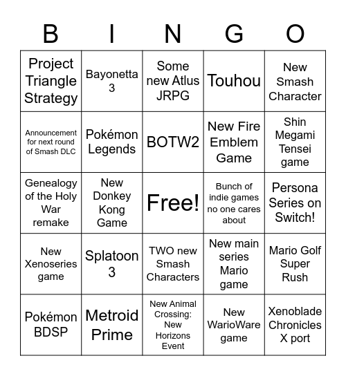 E3 2021 Nintendo Direct Bingo Card