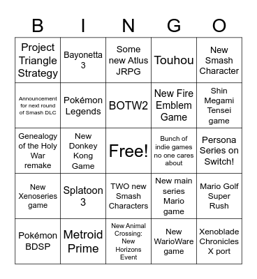 E3 2021 Nintendo Direct Bingo Card