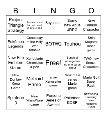 E3 2021 Nintendo Direct Bingo Card
