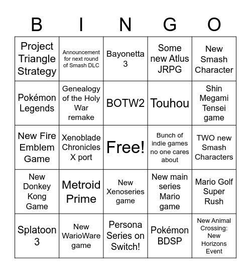 E3 2021 Nintendo Direct Bingo Card