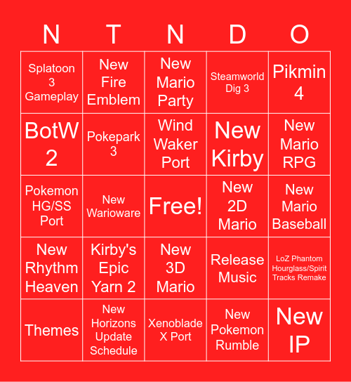 Nintendo E3 WISHLIST Bingo Card