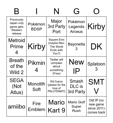 Grand's Nintendo E3 2021 Bingo Card