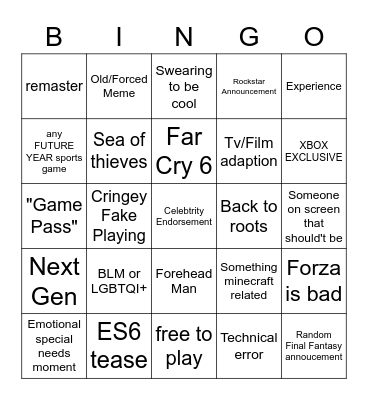 E3 Xbox Bingo Card