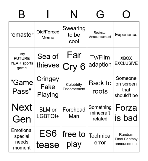 E3 Xbox Bingo Card