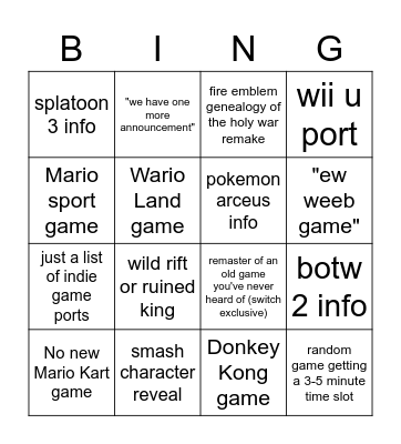 nintendo e3 Bingo Card