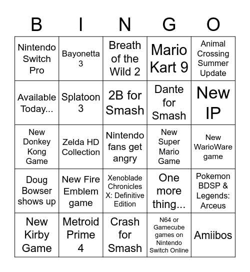 Nintendo Direct 06.15.2021 Bingo Card