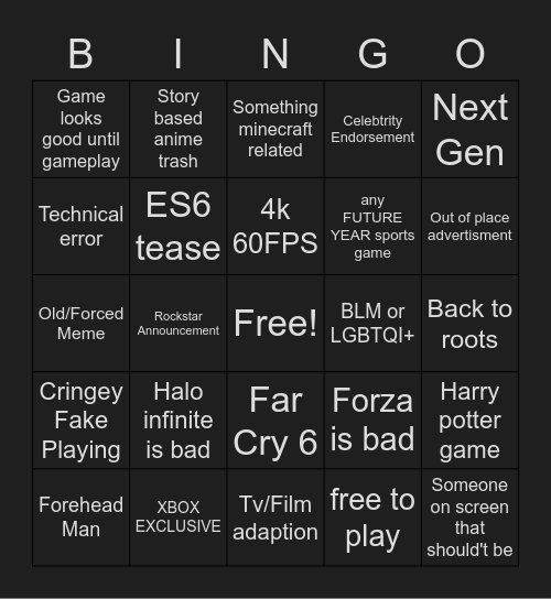 E3 Xbox Bingo Card