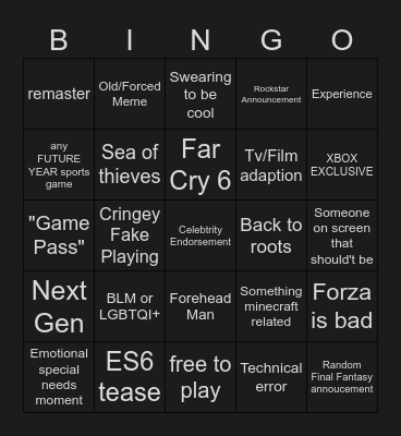 E3 Xbox Bingo Card