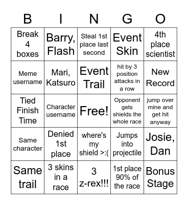 Battle Racing Stars Bingo Card
