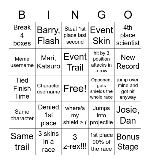 Battle Racing Stars Bingo Card