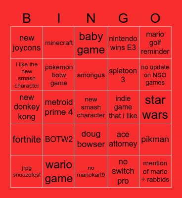 NINTENDO E3 2021 Bingo Card