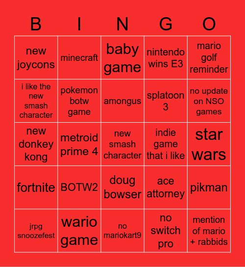 NINTENDO E3 2021 Bingo Card