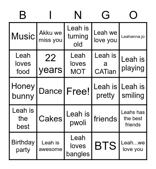 Leahs Birthday Bingo Card