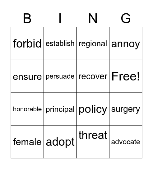 Word Review Bingo Card