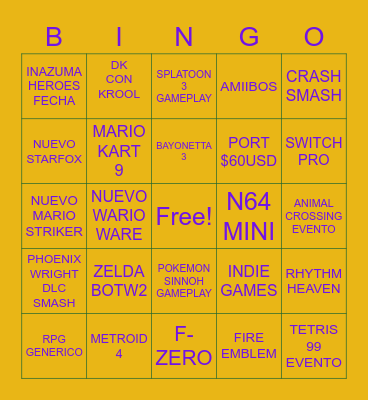 e3 nintendo Bingo Card