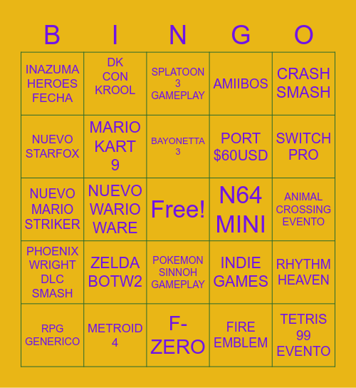 e3 nintendo Bingo Card