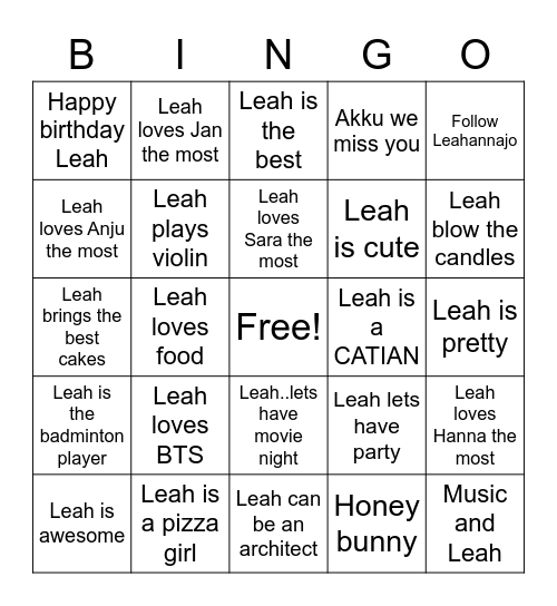 Leah's Birthday Bingo Card