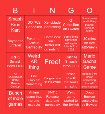 Nintendo E3 2021 Bingo Card