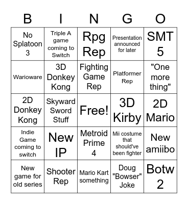 Nintendo E3 Bingo Card