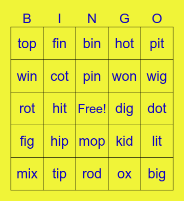 Short "i" and "o" Bingo Card
