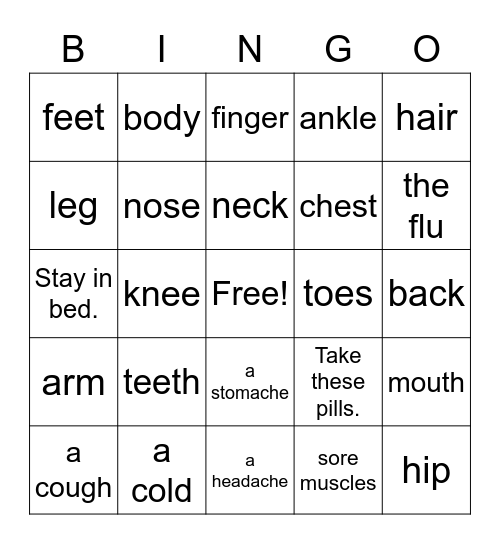 Unit 9 - Health and Body Bingo Card
