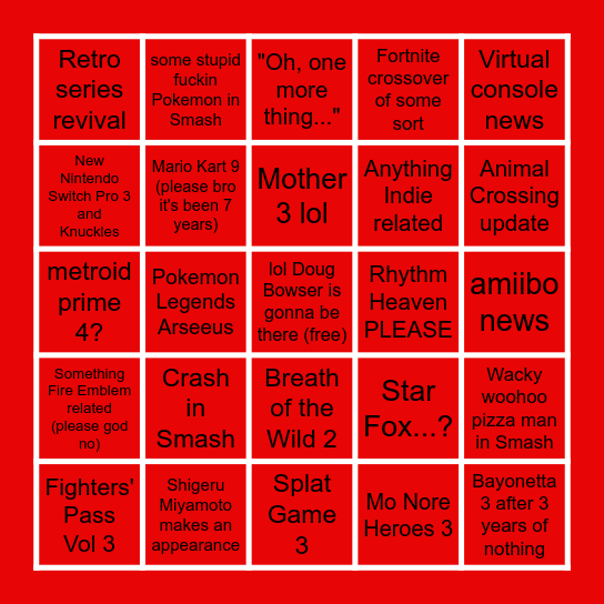 Nintendo E3 2021 Bingo Card