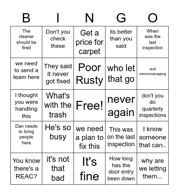Verona Inspection Bingo Card