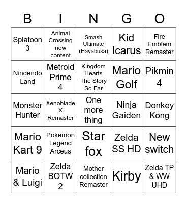 Nintendo E3 Bingo Card