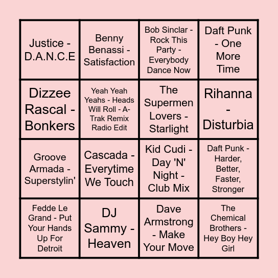 Prince Music Bingo - House n Dance Bingo Card