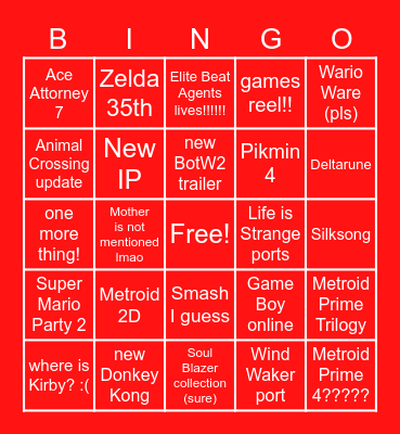 Nintendo E3 2021 Bingo Card