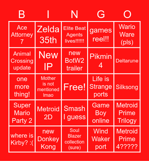 Nintendo E3 2021 Bingo Card