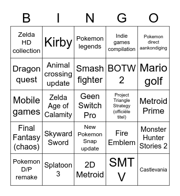 Nintendo direct Bingo Card