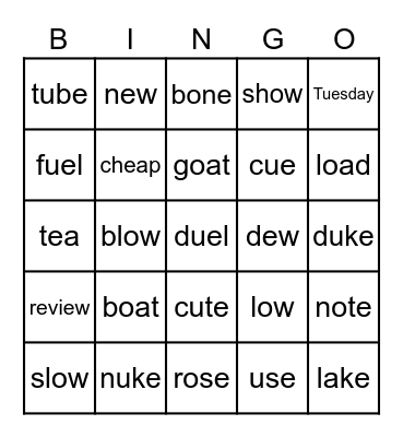 Long O & Long U Bingo Card