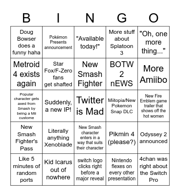 Nintendo E3 Bingo Card