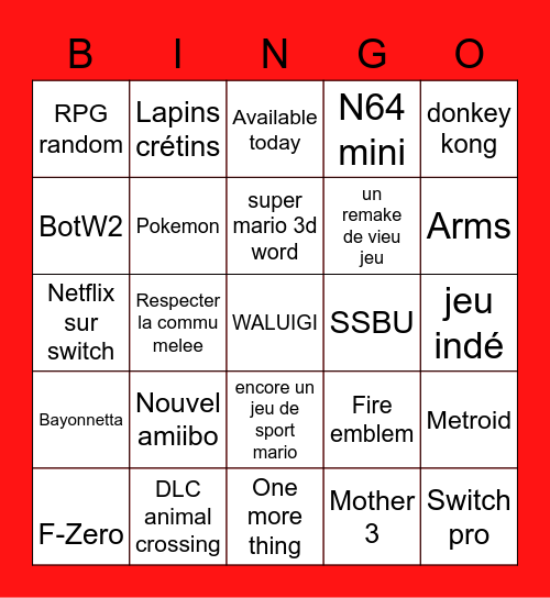 Nintendo direct E3 2021 Bingo Card