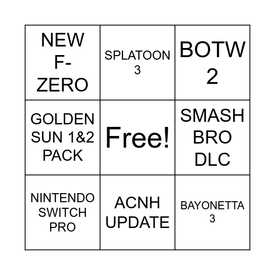 NINTENDO E3 Bingo Card