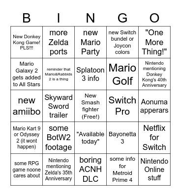 NINTENDO E3 2021 Bingo Card